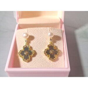Abalone Clover Freshwater Pearl Earrings, 14K Gold Plated Micro Zircon Rimmed Cr